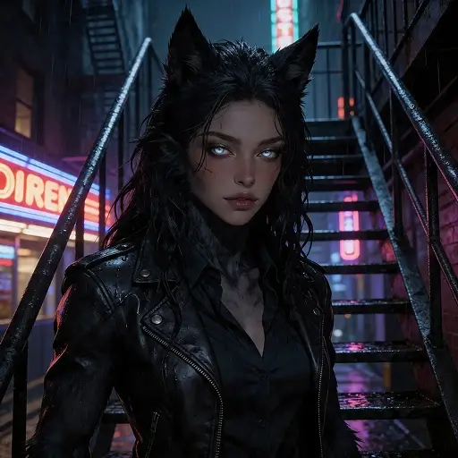 Ein neonbeleuchteter Wollo-Charakter mit Katzenohren